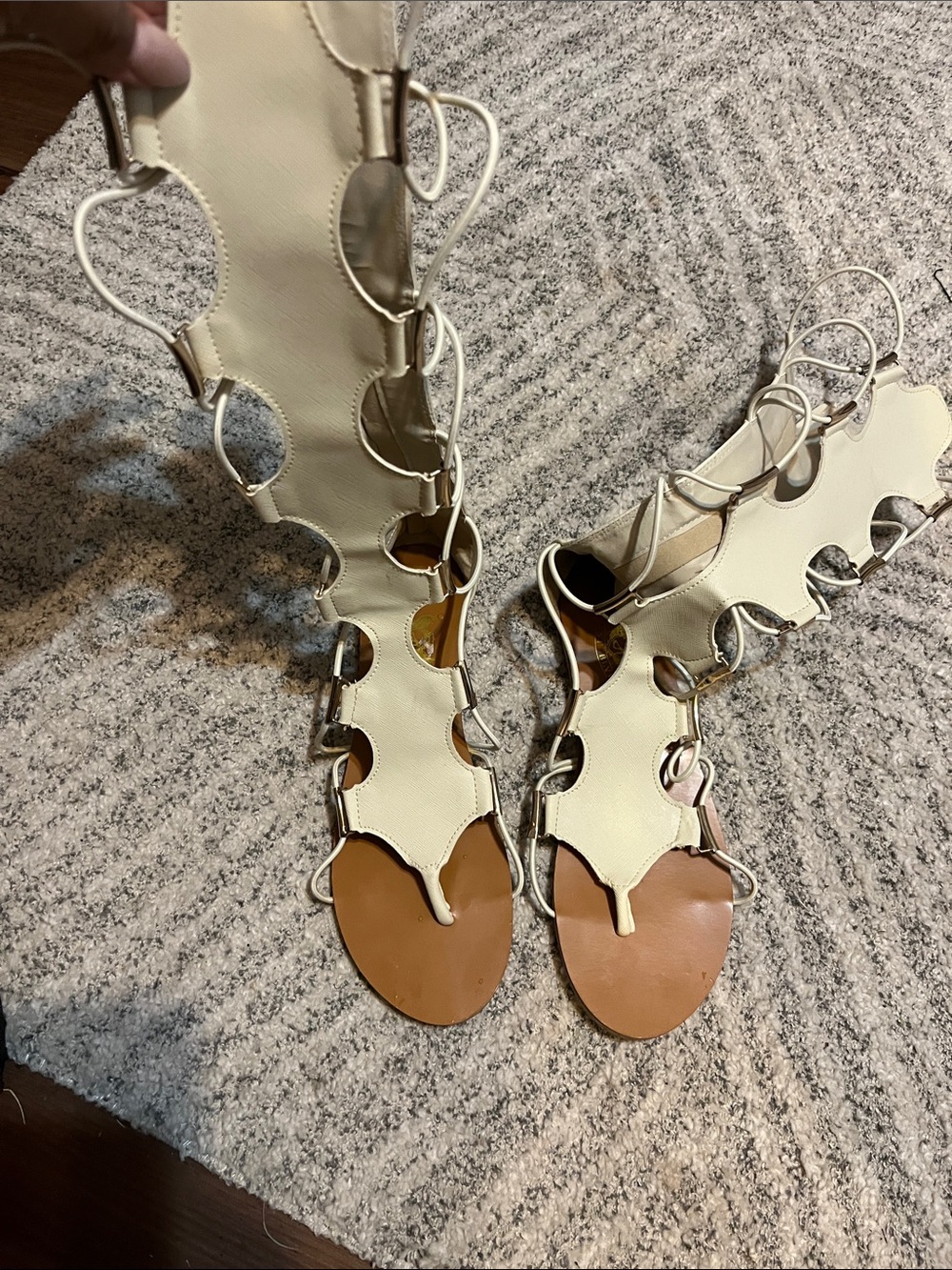 West Blvd Cream Lace-Up Gladiator Sandals with Brown Footbed